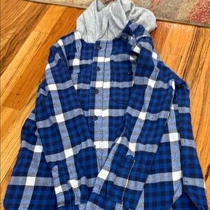 Blue Plaid Men's Shirt with Gray Hood